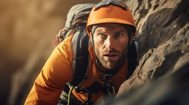 Um alpinista aventureiro usando equipamentos de segurança meticulosamente escalando uma superfície montanhosa íngreme com determinação em seus olhos