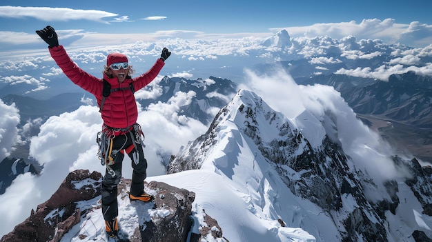 Foto um alpinista chega ao cume de um pico coberto de neve e celebra com os braços levantados em triunfo