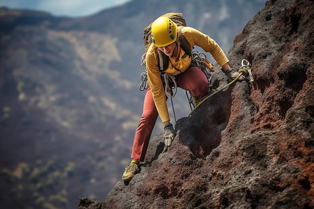 Um alpinista em uma montanha com uma mochila amarela