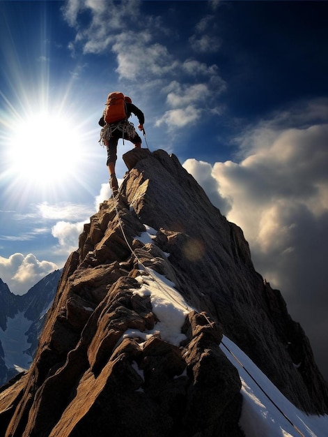 um alpinista está escalando uma montanha com o sol brilhando no topo.