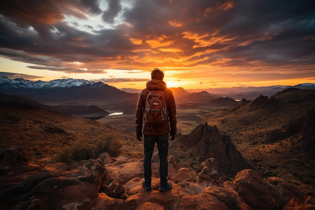 Um alpinista parado no pico de uma montanha ao pôr do sol IA generativa