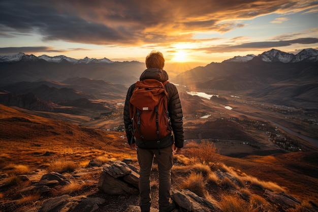 Um alpinista parado no pico de uma montanha ao pôr do sol IA generativa