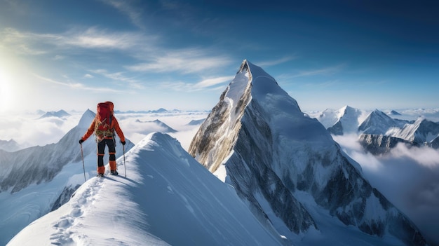 Um alpinista satisfeito conquista o pico com vistas deslumbrantes de cimeiras cobertas de neve