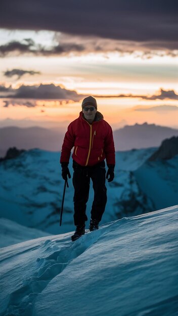 Um alpinista sobe ao topo de uma montanha coberta de neve.