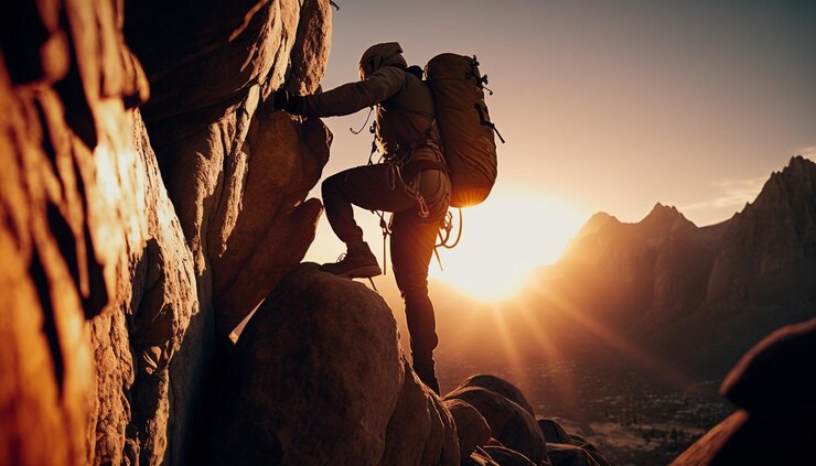 Foto um alpinista sobe uma montanha contra um pano de fundo pôr do sol