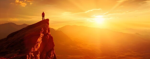 Um alpinista solitário abraça a deslumbrante paisagem do topo da montanha durante uma caminhada ao pôr-do-sol Concept Hiking Climbing Sunset Mountain Scenery Solitude