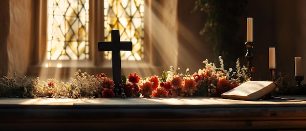 Um altar com uma cruz e luz solar da janela na Páscoa