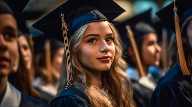 Um aluno com um boné e beca de formatura fica em uma fila com outros alunos ao fundo.