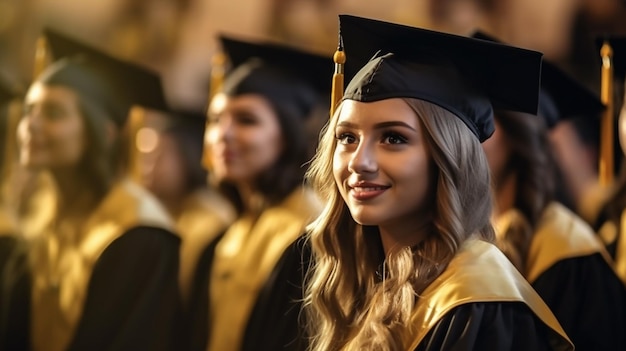 Um aluno com um boné e um vestido de formatura está em uma fila.