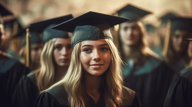 Um aluno com um boné e um vestido de formatura está em uma fila.