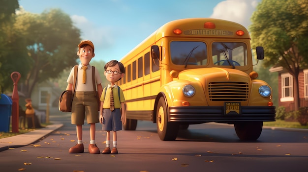 Um aluno e um professor vão para a escola de ônibus escolar personagem de desenho animado 3D