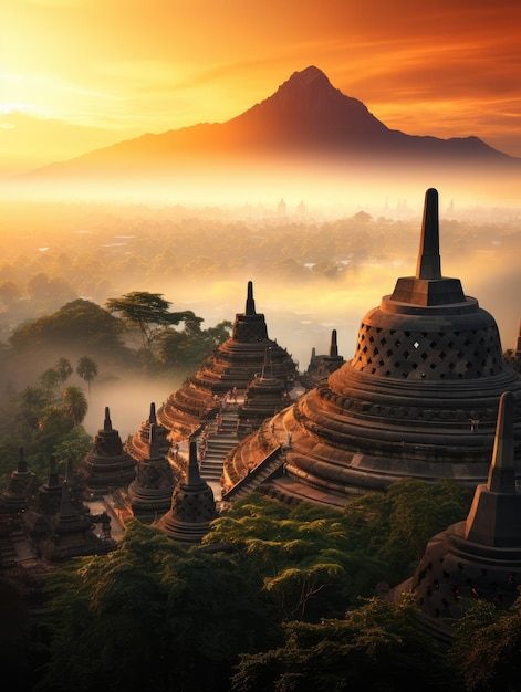 Um amanhecer cativante sobre o emblemático Templo de Borobudur, na Indonésia
