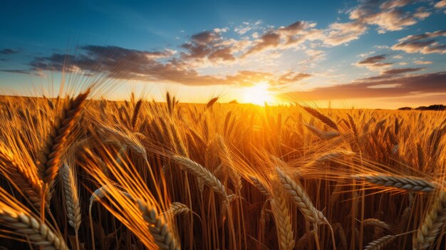 Um amanhecer deslumbrante sobre um campo de trigo, uma paisagem cênica com a luz dourada do sol sobre colheitas exuberantes.