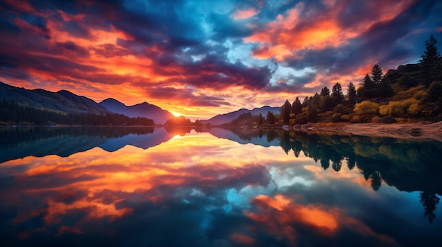 Foto um amanhecer espetacular sobre um lago plácido espelhado com cores resplandecentes.