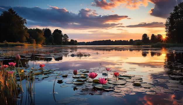 Um amanhecer sereno ao lado do lago