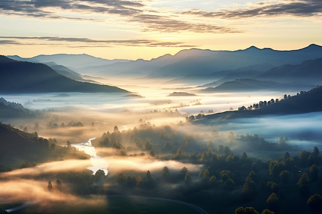 Um amanhecer tranquilo sobre um vale coberto de névoa