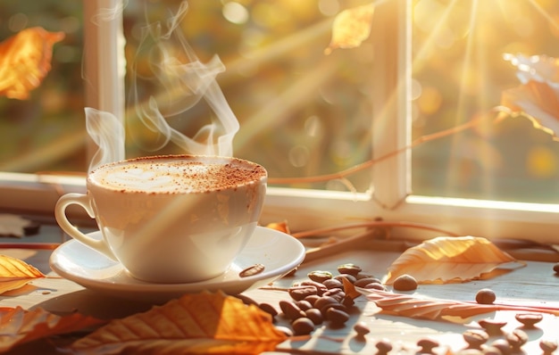 Um ambiente aconchegante de outono apresenta uma xícara de latte fumegante com arte de latte cercada por grãos de café um lenço quente e folhas vibrantes