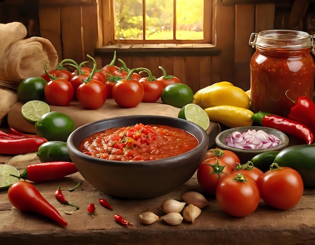 Um ambiente de cozinha íntimo com ingredientes para uma salsa picante espalhada por uma mesa rústica