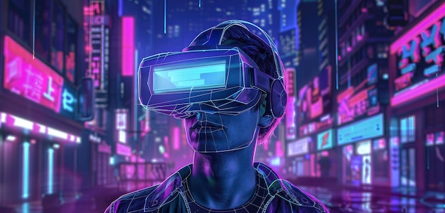 Um ambiente de realidade virtual em estilo cyberpunk com um homem usando um fone de ouvido VR