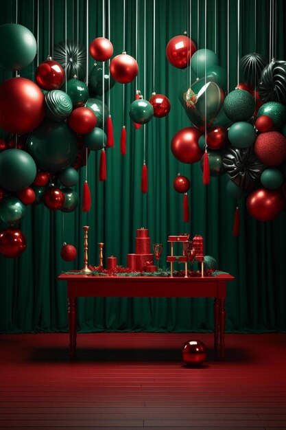 Foto um ambiente festivo é criado com itens de natal vermelhos e esmeraldas espalhados contra um cenário fosco