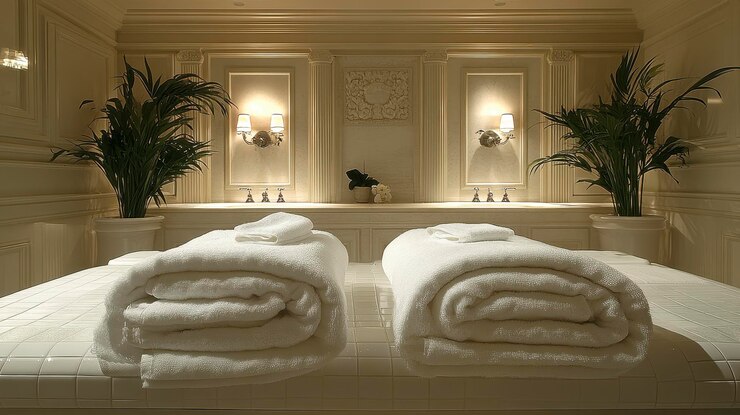 Foto um ambiente sereno de spa com toalhas cuidadosamente enroladas e plantas decorativas