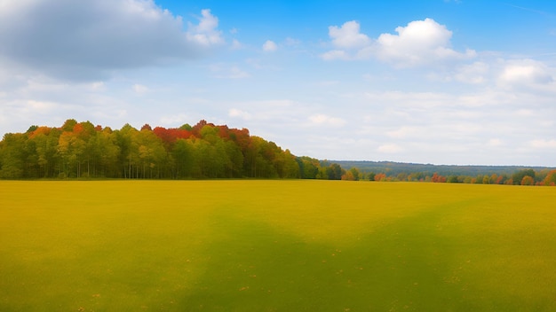 Um amplo campo com grama um caminho entre as árvores de grama à distância e um céu azul com nuvens brancas no início do outono geração AI