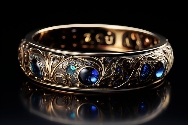 um anel com uma pedra azul e uma pedra azul no meio
