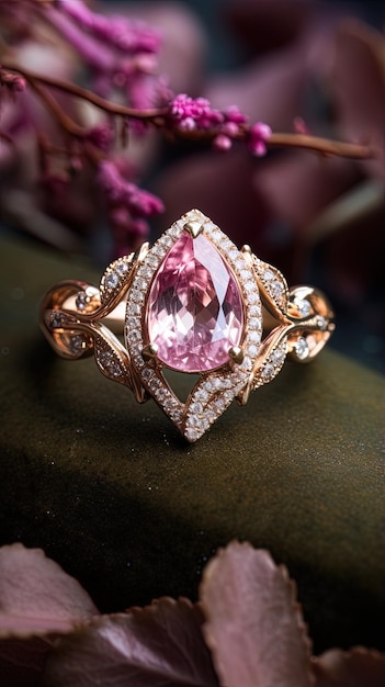 Foto um anel com uma pedra rosa e diamantes.