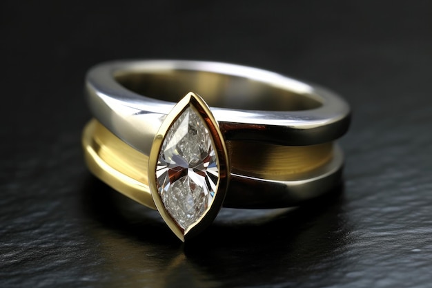 Um anel contemporâneo com uma faixa dupla e um diamante em forma de pêra fundo branco generativo AI