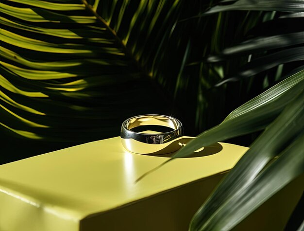 um anel de casamento senta-se numa caixa amarela com uma planta verde ao fundo