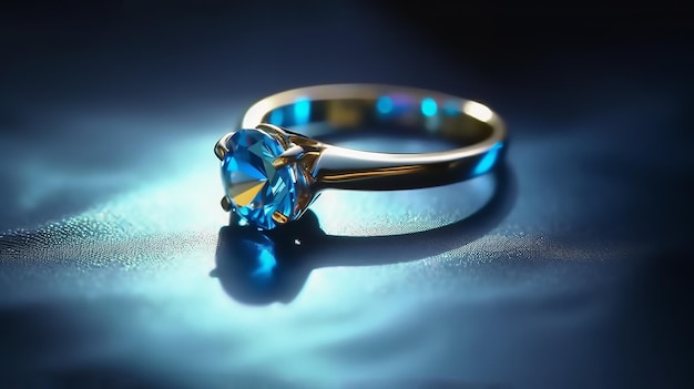 Um anel de diamante azul está sobre um fundo azul.