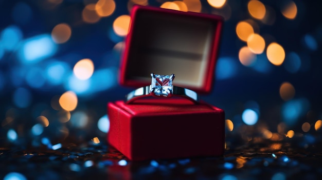 Um anel de diamante cintilante elegantemente colocado em uma caixa vermelha vibrante