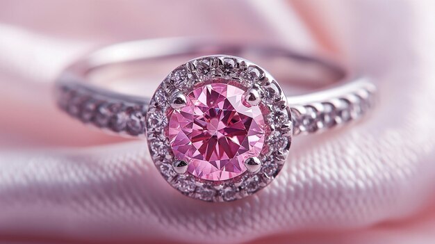 um anel de diamante com um diamante rosa