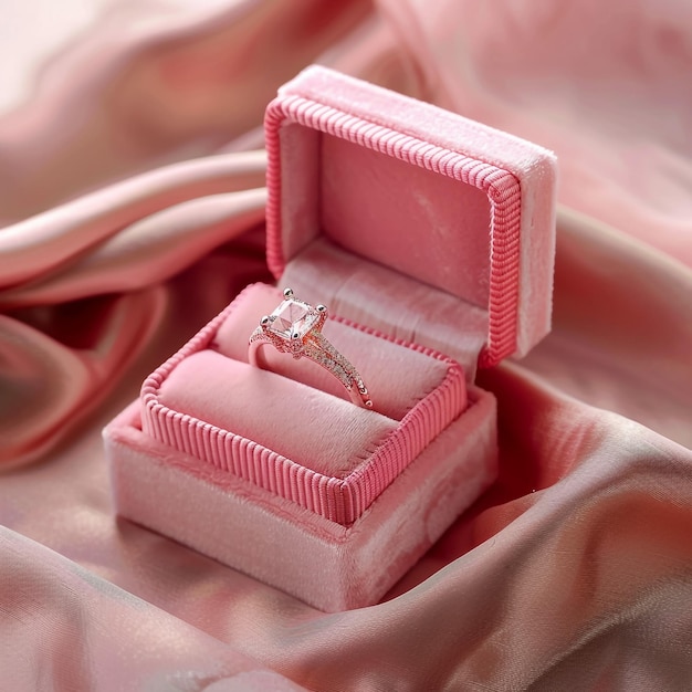 um anel de diamante rosa e branco fica em uma caixa rosa e branca