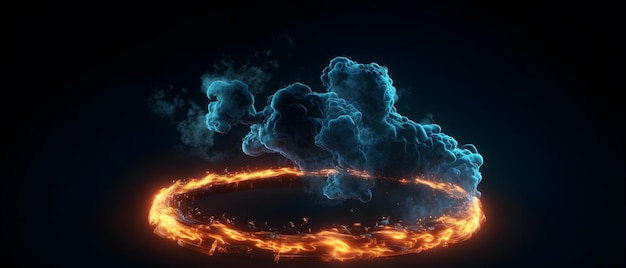 Um anel de fogo com uma fumaça azul e uma nuvem no centro.