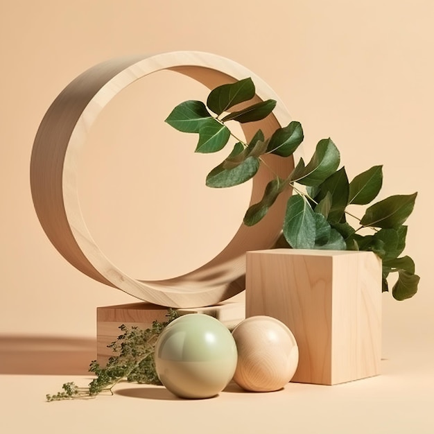 Um anel de madeira com uma planta e um círculo com uma planta verde.