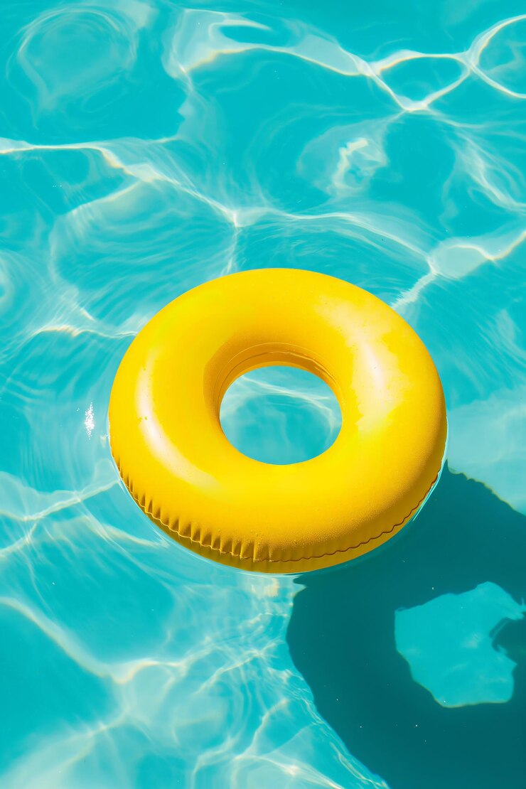 Um anel de natação amarelo vibrante flutua pacificamente nas águas calmas e cristalinas de uma piscina