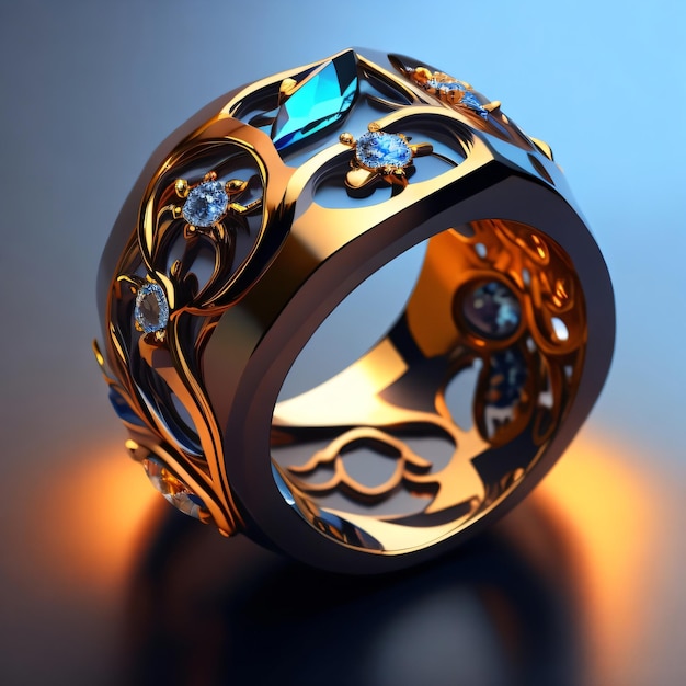 Um anel de ouro com diamantes azuis e um diamante azul nele.