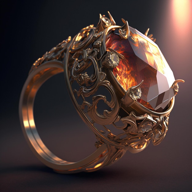 Um anel de ouro com uma pedra e um diamante na lateral.