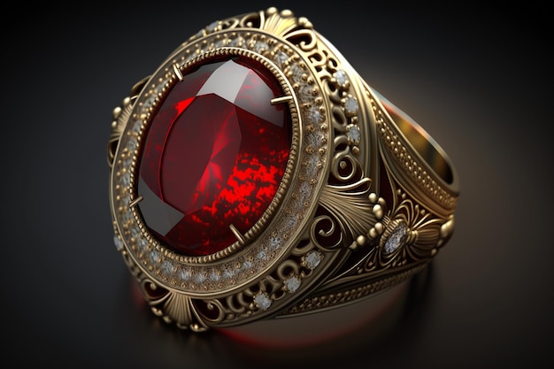 Um anel de ouro com uma pedra vermelha e diamantes gerados por IA