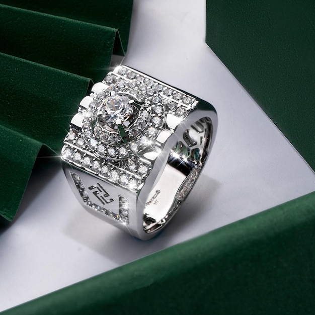 Um anel de prata com diamantes está em uma caixa verde.