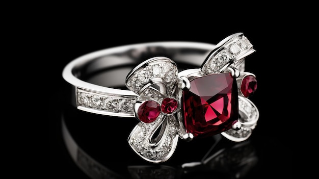 Um anel de prata com uma pedra vermelha e diamantes em fundo preto
