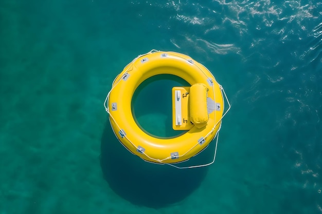 Um anel de vida amarelo flutuando na água