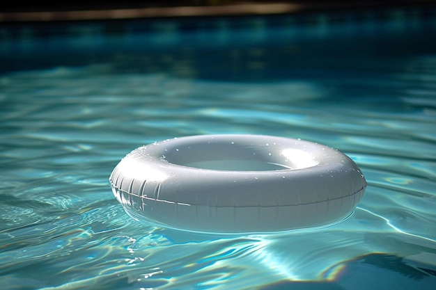 um anel inflável branco flutuando em uma piscina