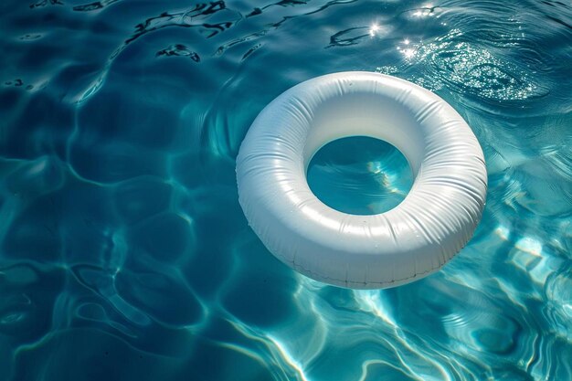 um anel inflável branco flutuando em uma piscina