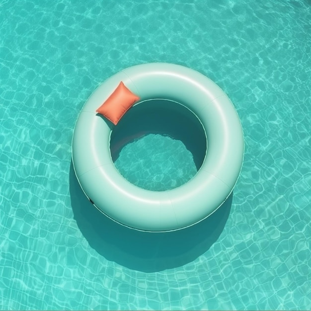 Um anel inflável está flutuando em uma piscina com água.