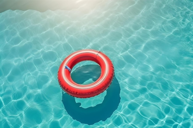 Um anel inflável vermelho flutuando em uma piscina com a palavra piscina nele.