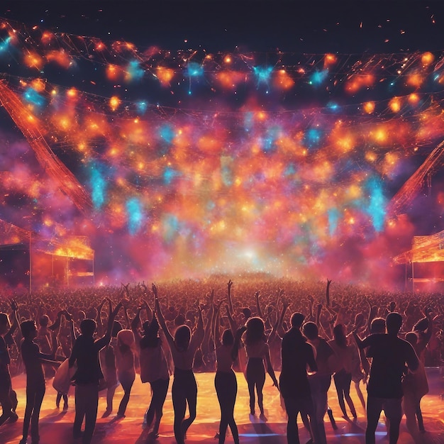 Um animado festival de música ao ar livre com um palco dançando multidões e luzes coloridas de alto detalhe