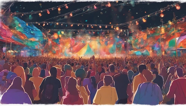 Um animado festival de música ao ar livre com um palco dançando multidões e luzes coloridas de alto detalhe