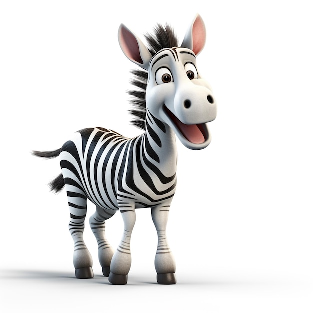 Um animal 3D uma zebra com características de desenho animado ficou contra um fundo branco generativo ai